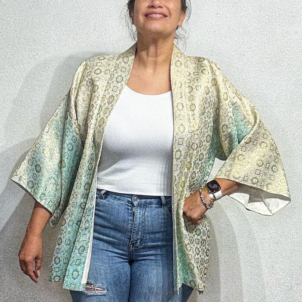 Vintage Metallic Brocade Kimono Jacket Geometric Open Front Sz L